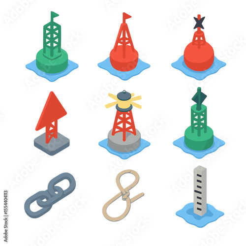 Navigation Buoy Icons. Isometric Flat icon set of navigation buoys: can buoy, nun buoy, spherical buoy, daymark panel, light