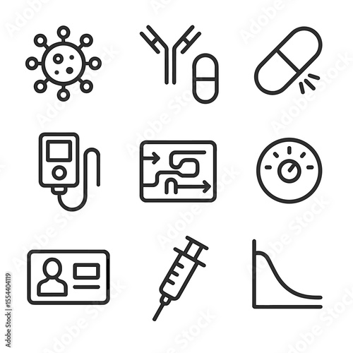 Personalized Medicine Icons. Outline icon set of personalized drug delivery: nanoparticle carrier, targeted antibody, smart pill,