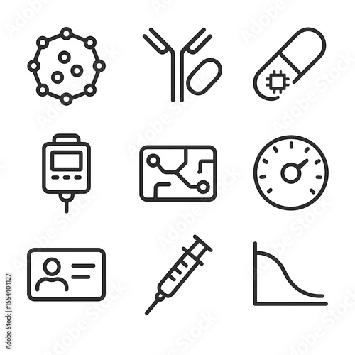 Personalized Medicine Icons. Outline icon set of personalized drug delivery: nanoparticle carrier, targeted antibody, smart pill,