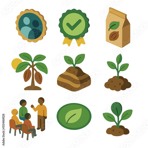 Cocoa Fair Trade Icons. Isometric Flat icon set of Cocoa Sustainability and Fair Trade: fair trade badge, certification seal,