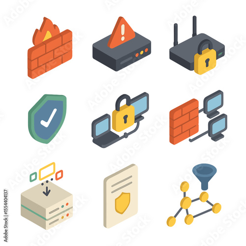 Network Security Icons. Isometric Flat icon set of network security measures: firewall appliance, intrusion detection system,