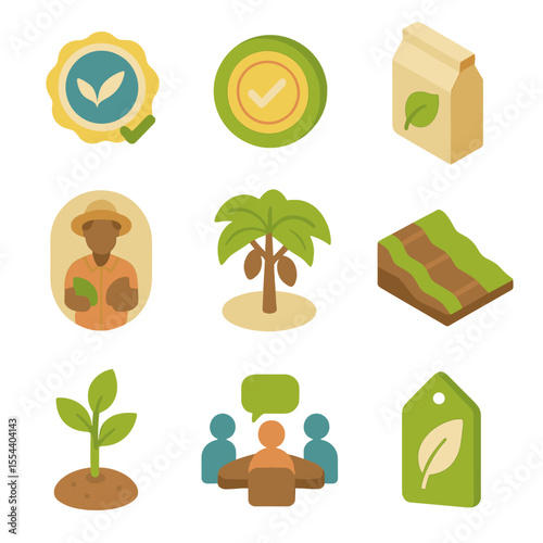 Cocoa Fair Trade Icons. Isometric Flat icon set of Cocoa Sustainability and Fair Trade: fair trade badge, certification seal,