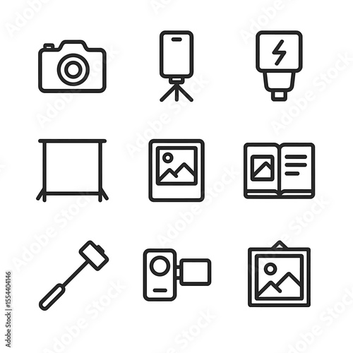 Photography Icon Set. Outline icon set of photography and memory capture: camera, smartphone on tripod, flash, photo booth