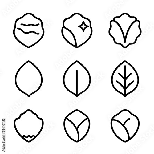 Petal Texture Icons. Outline icon set of Petal Textures and Surfaces: velvety surface, waxy sheen, ruffled edge, smooth margin,
