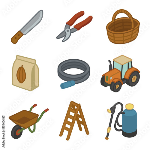 Cocoa Farm Tool Icons. Isometric Flat icon set of Cocoa Farm Tools and Equipment: machete, pruning shears, harvest basket,