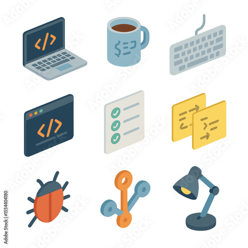 Coding Icon Set. Isometric Flat icon set of coding practice discipline: laptop with code, coffee mug, keyboard, IDE window, code