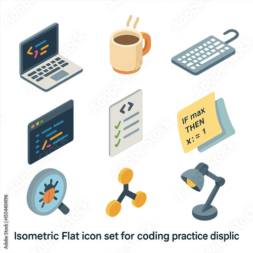 Coding Icon Set. Isometric Flat icon set of coding practice discipline: laptop with code, coffee mug, keyboard, IDE window, code