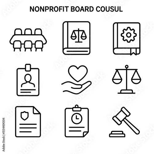 Nonprofit Board Icons. Outline icon set of nonprofit board counsel: boardroom table, legal binder, governance manual, director