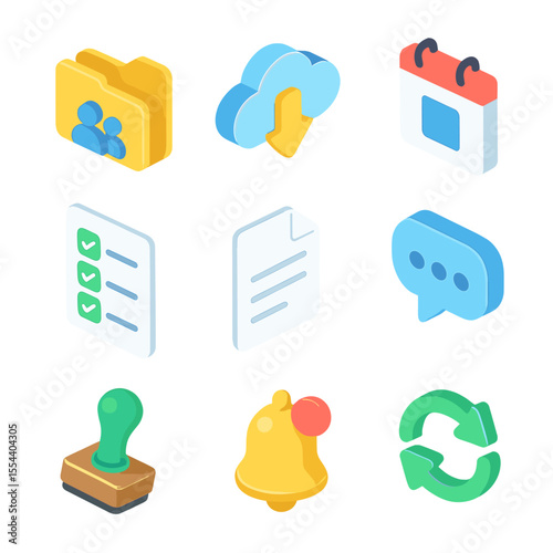 Collaboration Tools Icons. Isometric Flat icon set of collaboration tools for colleagues: shared folder, cloud storage icon,