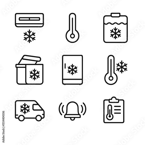 Cold Chain Logistics Icons. Outline icon set of cold chain logistics signage: refrigeration unit, temperature gauge, ice pack,