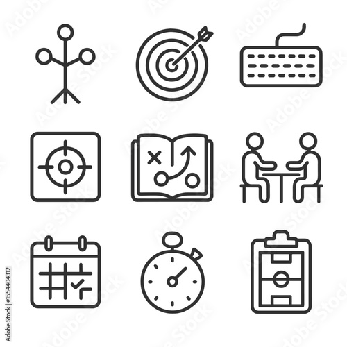 Player Training Icons. Outline icon set of player training: reflex trainer, target practice, keyboard drills, aim cushion,