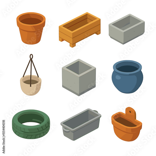 Planters Icon Set. Isometric Flat icon set of planters and containers: terracotta pot, wooden planter box, stone trough, hanging
