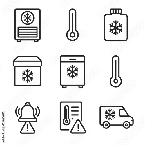 Cold Chain Logistics Icons. Outline icon set of cold chain logistics signage: refrigeration unit, temperature gauge, ice pack,