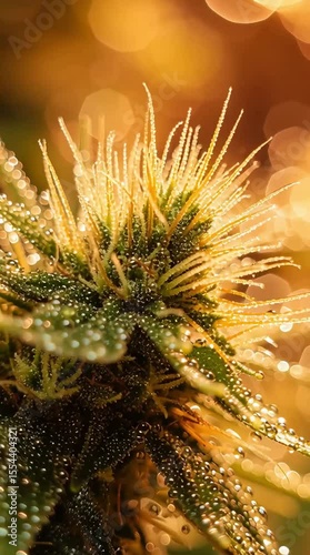 A close-up view of a green plant with water droplets and a golden background.