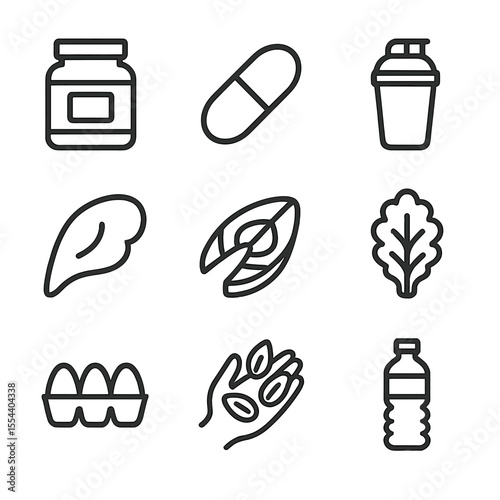 Nutrition Icon Set. Outline icon set of nutrition and supplements: protein powder tub, vitamin pill, shaker bottle, chicken breast