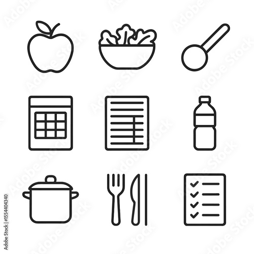Nutrition Icons Set. Outline icon set of nutrition and diet planning: apple, salad bowl, measuring spoon, meal plan sheet,