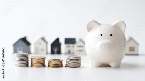 Between two toy houses, a piggy bank sits amidst scattered coins, symbolizing the need to save money for purchasing a home or investing in property