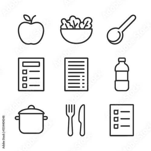 Nutrition Icons Set. Outline icon set of nutrition and diet planning: apple, salad bowl, measuring spoon, meal plan sheet,
