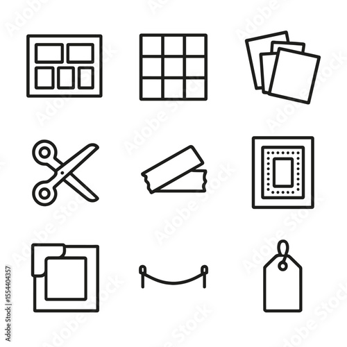 Photo Collage Icons. Outline icon set of photo collage in multi-opening frame: collage frame outline, 3x3 grid, overlapping photos