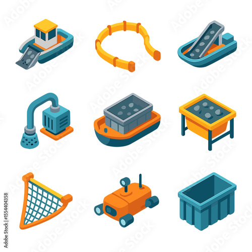 Ocean Cleanup Equipment Icons. Isometric Flat icon set of ocean cleanup equipment: skimmer boat, floating barrier boom, trash