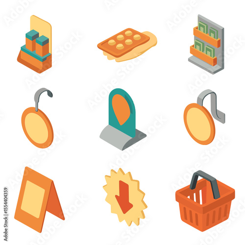 Point-of-Purchase Icons. Isometric Flat icon set of point-of-purchase promotions: countertop display, sample tray, coupon rack,