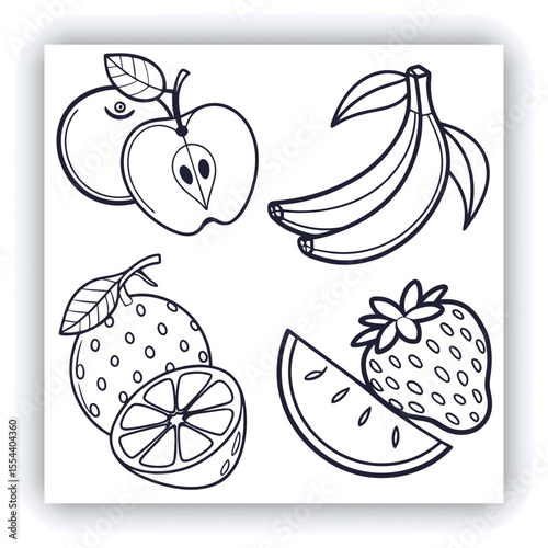 The fruit plate is hand-drawn in watercolor. Bananas, pears, orange and nectarine in a brown bowl on a blue background.