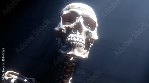 A detailed view of a human skeleton illuminated by dramatic lighting.