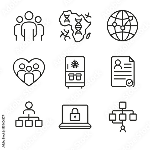 Population Health Icons. Outline icon set of population health genomics: population silhouette group, genetic diversity map,