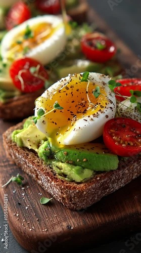 Delicious avocado toast topped with perfectly cooked egg and fresh tomatoes.