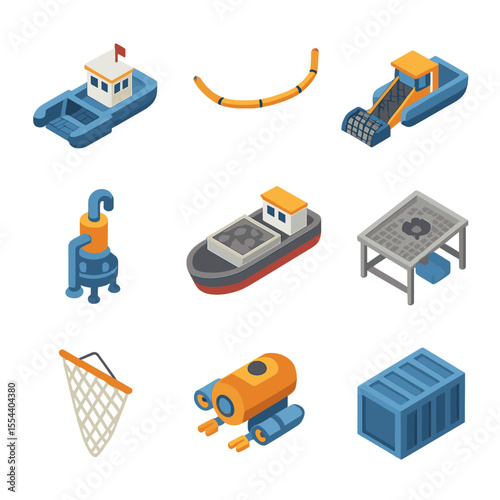 Ocean Cleanup Equipment Icons. Isometric Flat icon set of ocean cleanup equipment: skimmer boat, floating barrier boom, trash