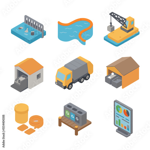 Port Waste Management Icons. Isometric Flat icon set of port waste management: floating trash grate, shoreline boom, barge crane,