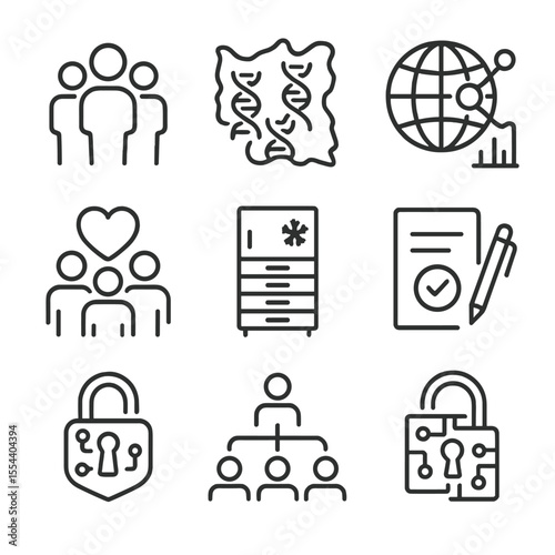 Population Health Icons. Outline icon set of population health genomics: population silhouette group, genetic diversity map,