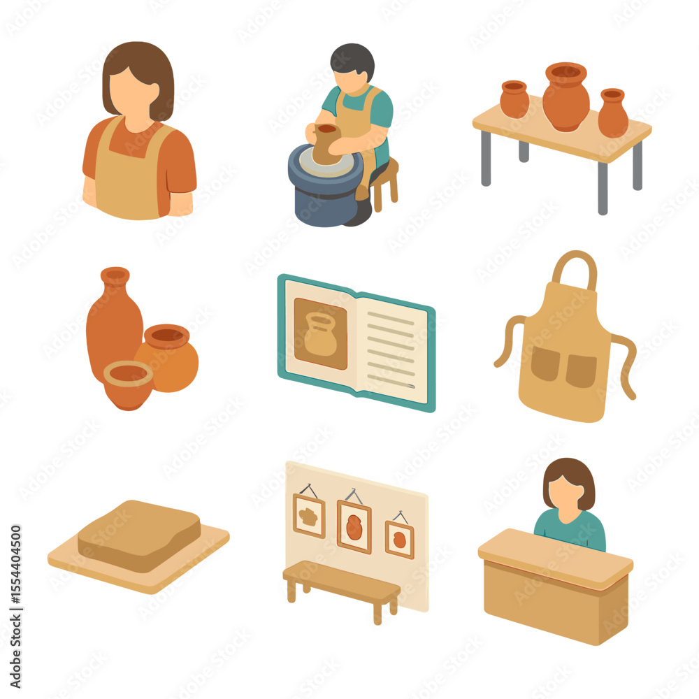 Pottery Class Icons. Isometric Flat icon set of pottery classes and workshops: instructor figure, student at wheel, demonstration