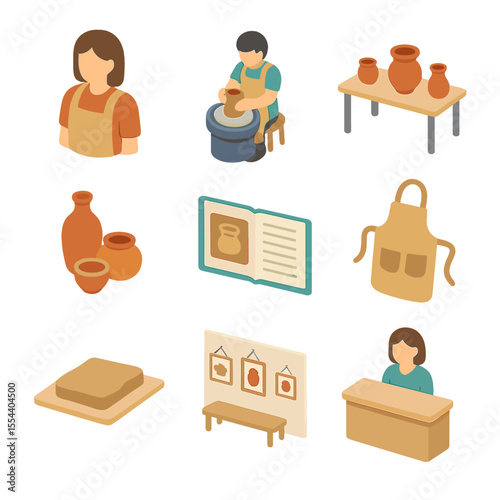 Pottery Class Icons. Isometric Flat icon set of pottery classes and workshops: instructor figure, student at wheel, demonstration