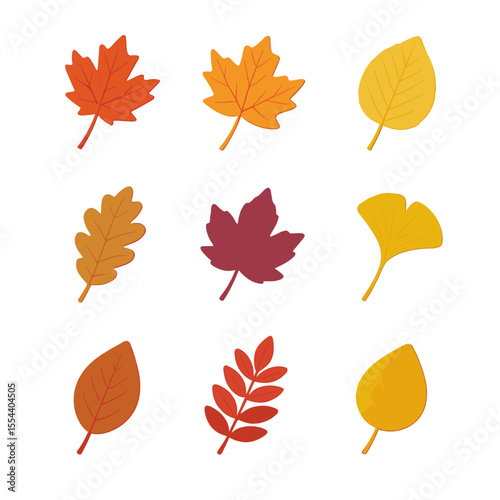 Colorful Leaf Icon Set. Isometric Flat icon set of leaf color palette: red maple leaf, orange maple leaf, yellow birch leaf, brown