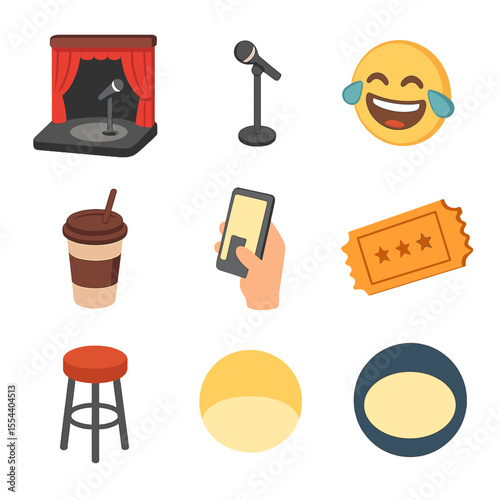 Comedy Show Icons. Isometric Flat icon set of stand-up comedy show audience in the dark: comedy stage, microphone on stand, red
