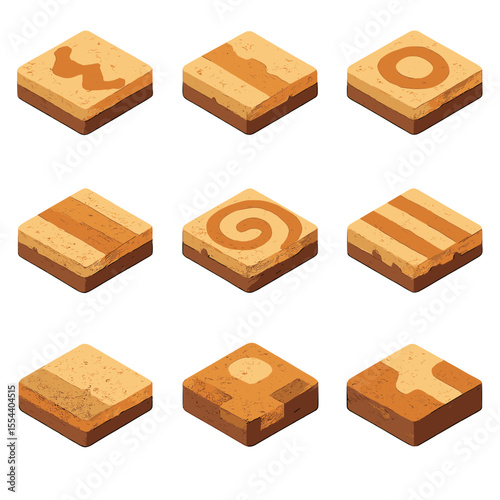 Colorful Sand Pattern Icons. Isometric Flat icon set of colored sand layer patterns: zigzag pattern, wave pattern, concentric