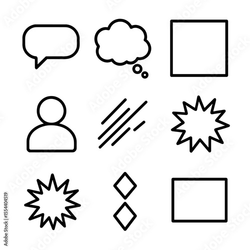 Comic Icon Layout. Outline icon set of comic panel layout: speech bubble, thought bubble, panel frame, character silhouette,