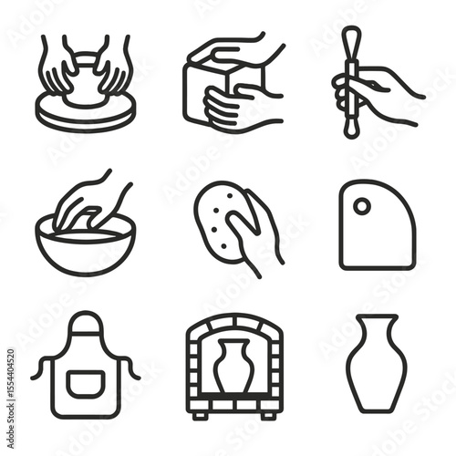 Pottery Icon Set. Outline icon set of hands sculpting clay: pottery wheel, clay block, sculpting tool, water bowl, modeling sponge