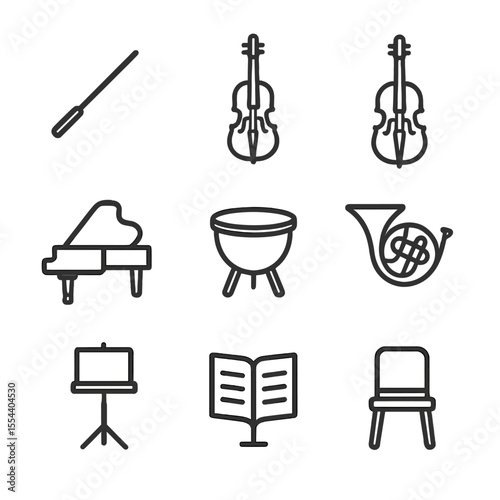 Orchestral Icons Set. Outline icon set of orchestral game soundtracks: conductor baton, violin, cello, grand piano, timpani drum,