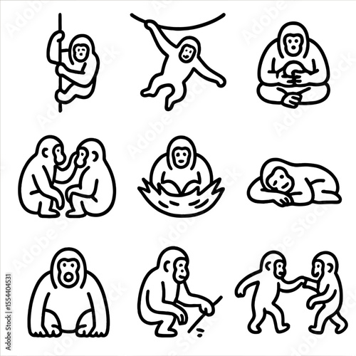 Orangutan Behavior Icons. Outline icon set of orangutan behavior: climbing, swinging, feeding, grooming, nesting, resting,
