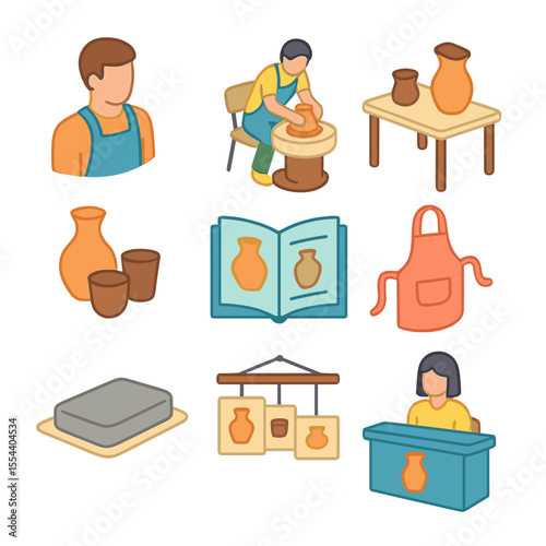 Pottery Class Icons. Isometric Flat icon set of pottery classes and workshops: instructor figure, student at wheel, demonstration