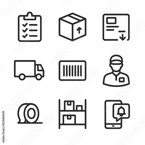 Order Fulfillment Icons. Outline icon set of order fulfillment: pick list clipboard, packing box, shipping label, delivery truck,