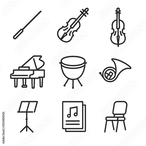 Orchestral Icons Set. Outline icon set of orchestral game soundtracks: conductor baton, violin, cello, grand piano, timpani drum,