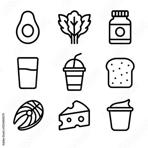 Pregnancy Nutrition Icons. Outline icon set of pregnancy nutrition and diet: avocado half, leafy greens bunch, prenatal vitamin