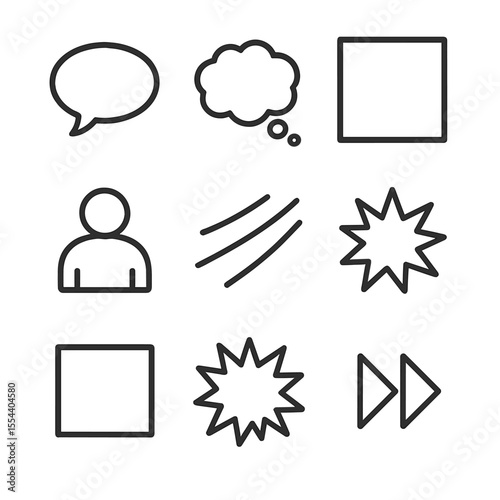 Comic Icon Layout. Outline icon set of comic panel layout: speech bubble, thought bubble, panel frame, character silhouette,