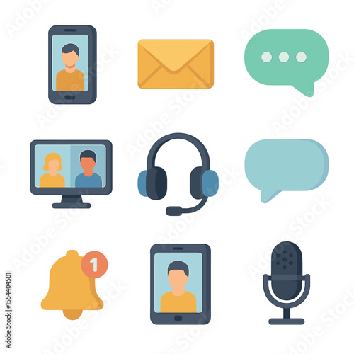 Communication Icons Grid. Isometric Flat icon set of colleague communication: smartphone, email envelope, chat bubble, video