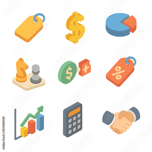 Pricing Strategy Icons. Isometric Flat icon set of pricing strategy: price tag, dollar sign, pie chart, competitor analysis,