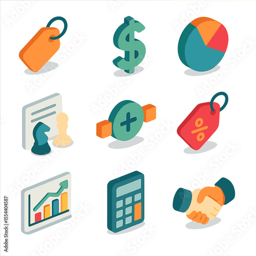 Pricing Strategy Icons. Isometric Flat icon set of pricing strategy: price tag, dollar sign, pie chart, competitor analysis,