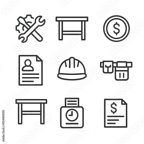 Prison Labor Icons. Outline icon set of prison labor and fair wages: gear and wrench crossed, workbench, fair wage coin, labor